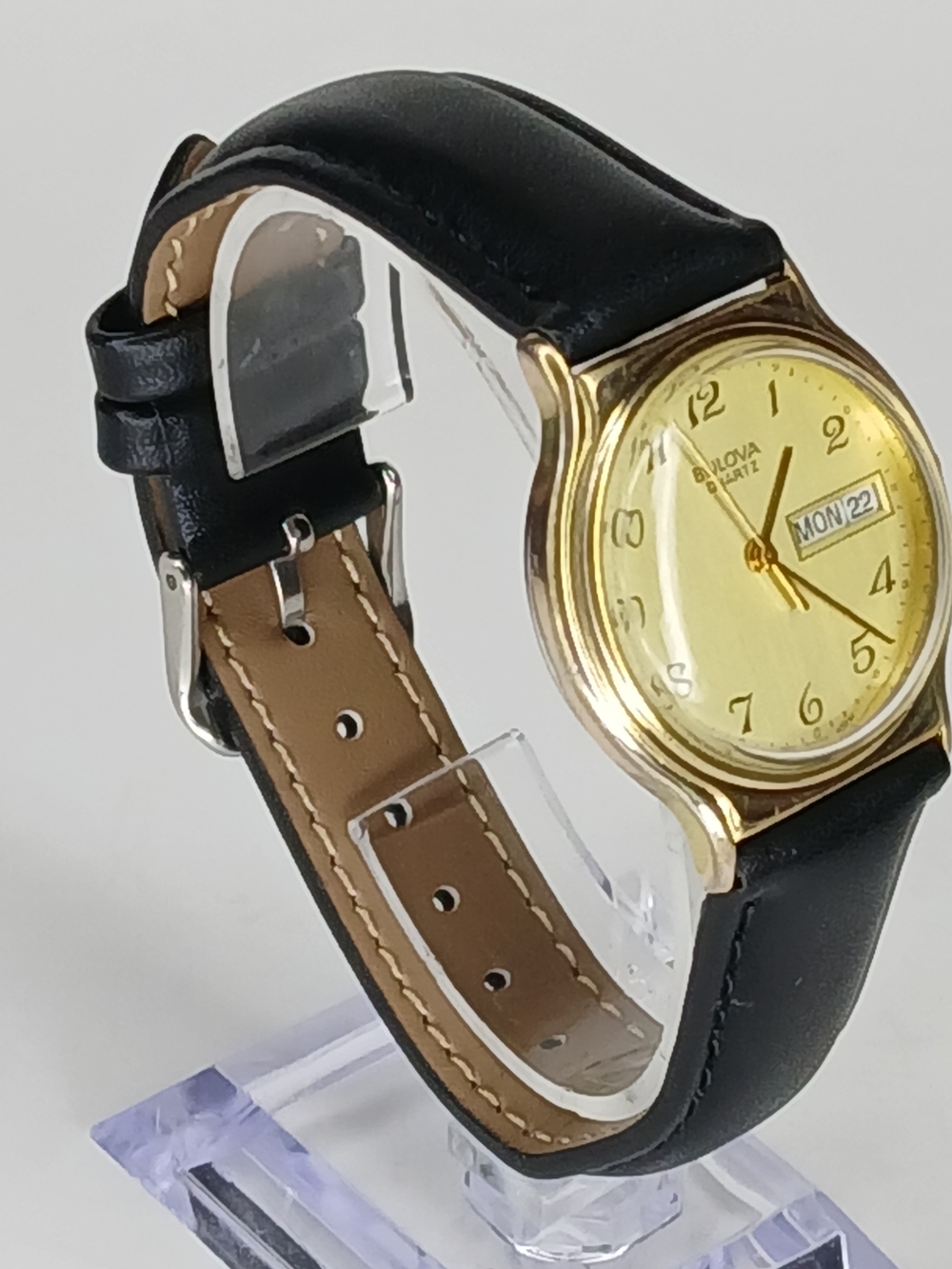 Bulova Gold Dial Black Leather Strap Quartz Watch